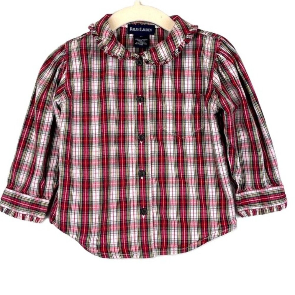 Ralph Lauren Blue Label Shirt Girls 2T Red Tartan Long Sleeve Plaid Button Up